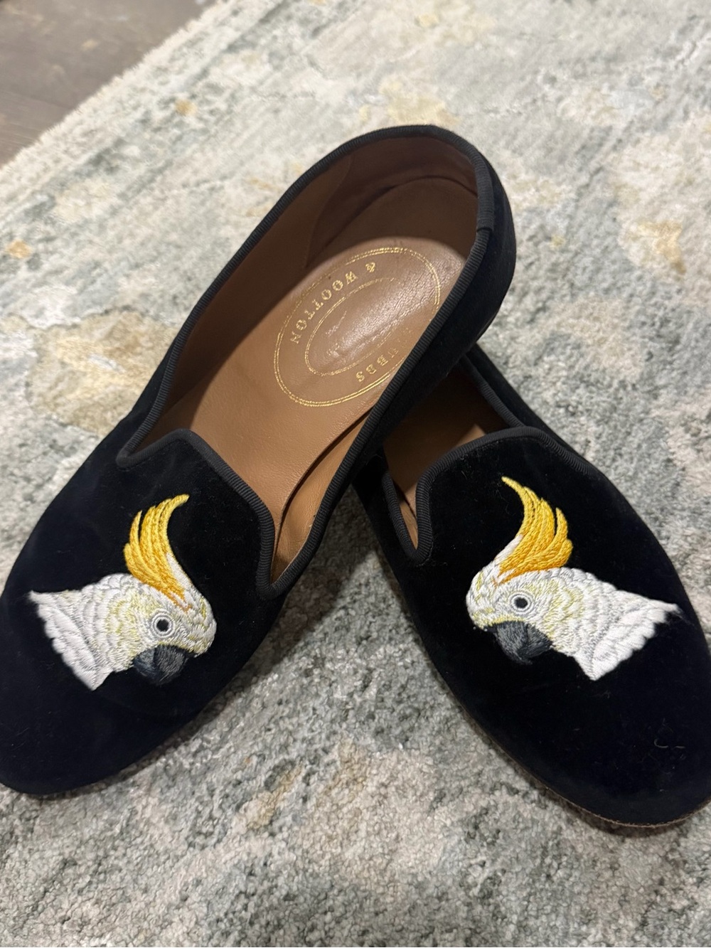 Stubbs & Wootton Cockatoo Bird Black Velvet Smoking Flats Shoes Loafers Size 9